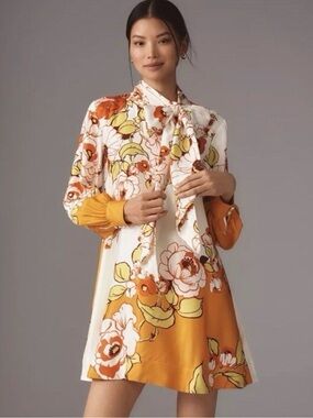 Floral Anthropologie Maeve Tie-Neck Mini Caroline Dress in White/Orange